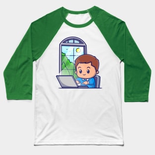Cute Boy Working On Lapop Cartoon Baseball T-Shirt